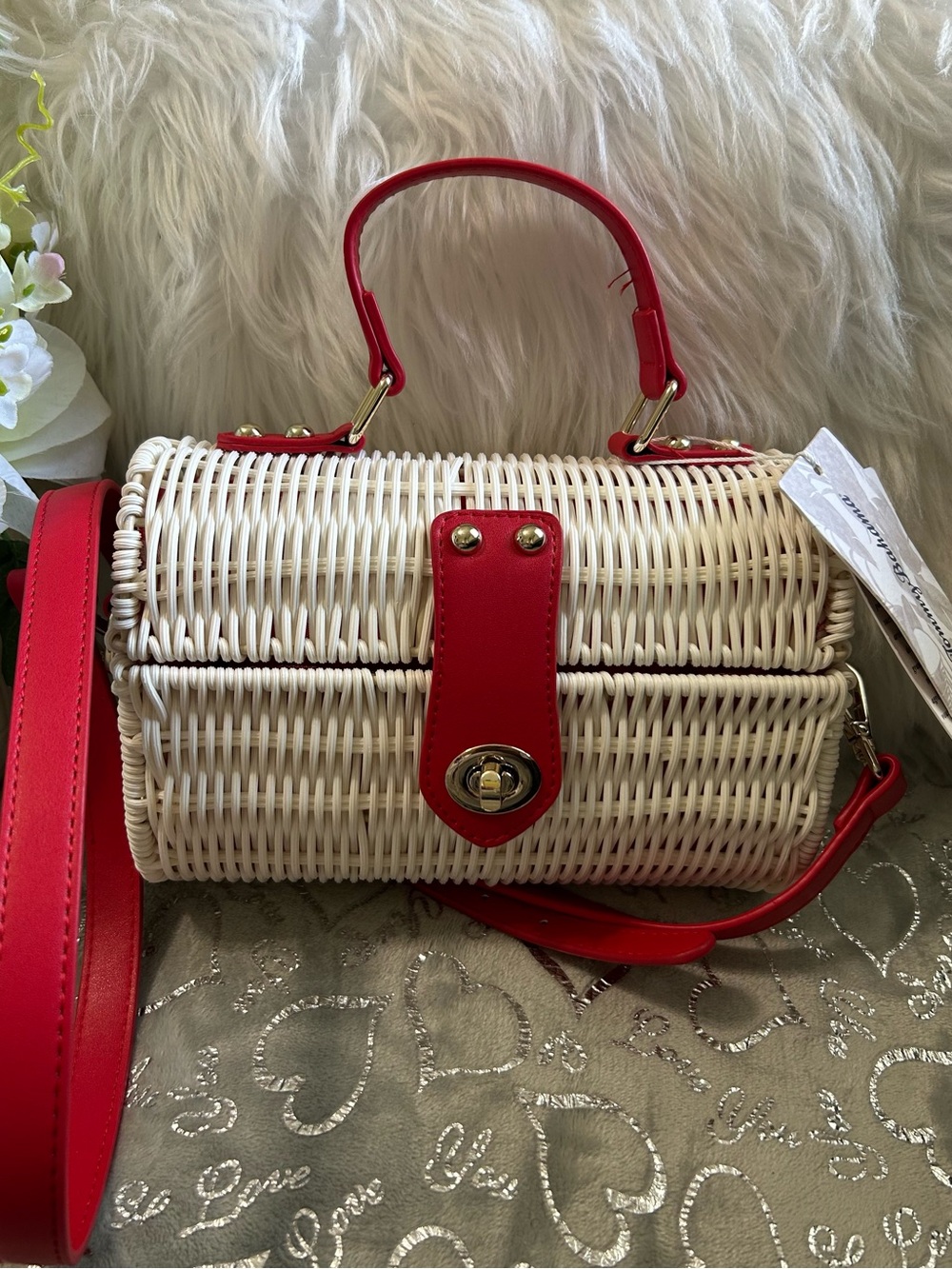 NWT Tommy Bahama, Mini, Red & White, Woven Top-Handle Picnic Basket Clutch